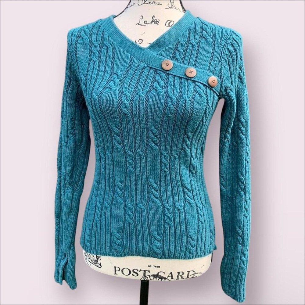 Roxy Turquoise V-Neck Knit Sweater with Wooden Button Detail
